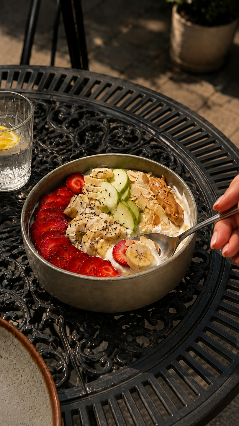 Bahçe masasında meyveli yoğurt bowl'u ve limonlu su